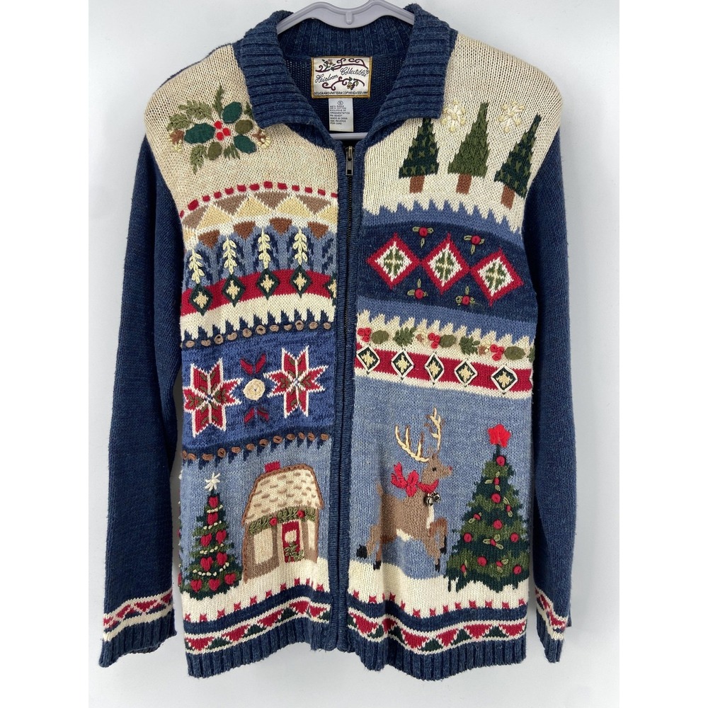 Vintage Heirloom Collectibles Sweater Womens Small Blue Christmas Zip Cardigan